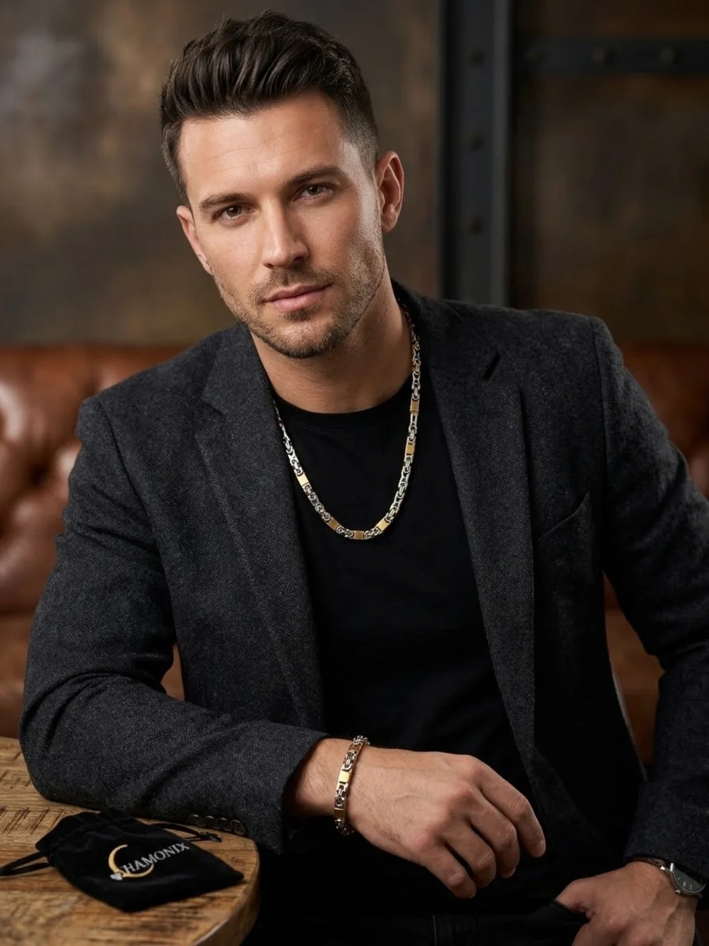 Chamonix Two-Tone Men's Necklace and Bracelet Set in Silver and Gold